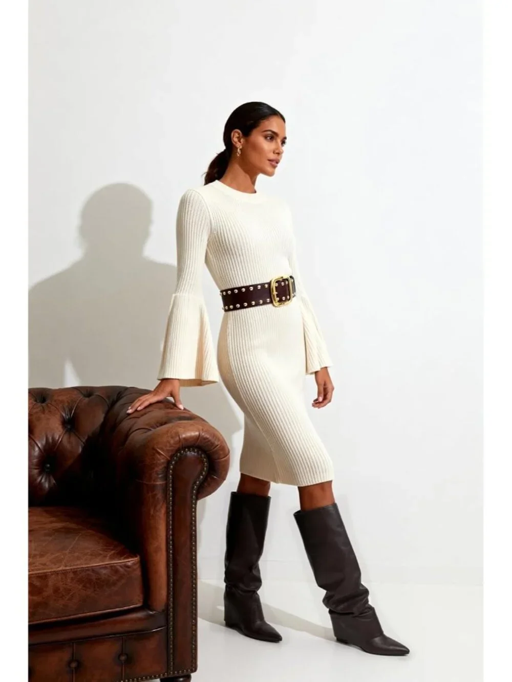 Women's Chocolate Slouchy Wedge Heel Pointed Toe Faux Leather Over The Knee Boot